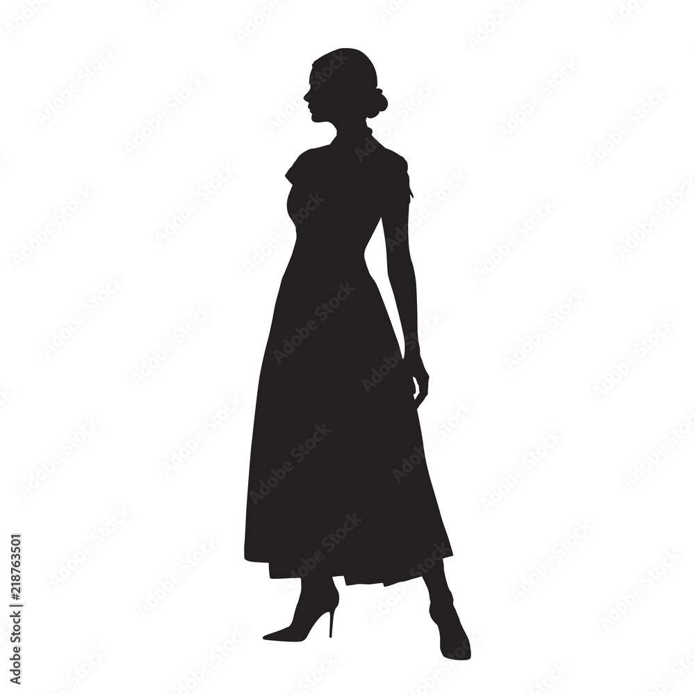 Young woman in long dress, isolated vector silhouette. Posing model