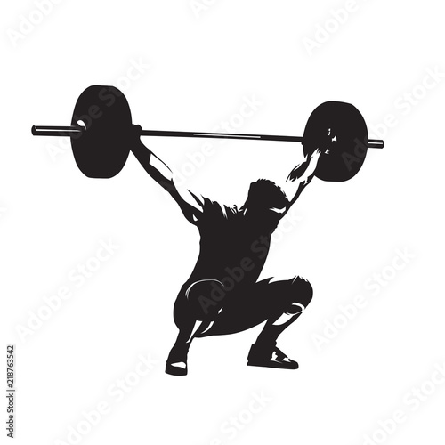Weightlifting. Weight lifter with big barbell, isolated vector silhouette. Strong man photo