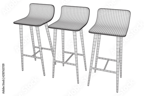 Bar stool furniture wireframe blueprint. Linear outline vector illustration. High chair. Bar interior design.