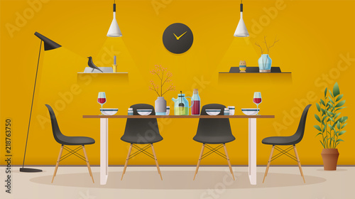 Dinning room interior with furniture. Cartoon vector illustration