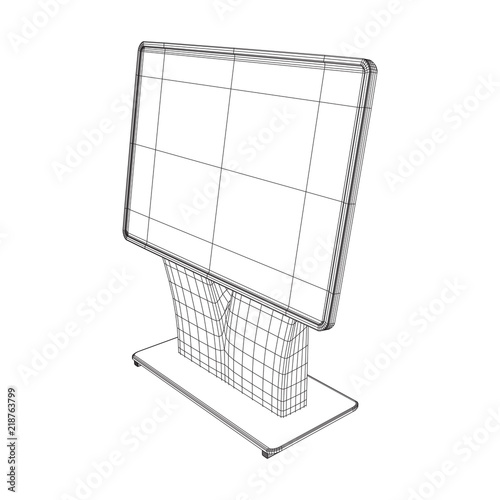 LCD Screen Stand. Trade Show Booth. Tv info kiosk wireframe low poly mesh vector illustration