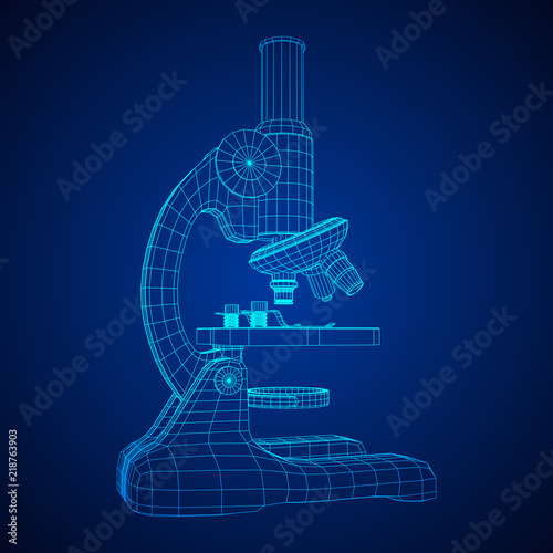 Microscope Biology School Laboratory Equipment. Science Education Symbol. Wireframe low poly mesh vector illustration