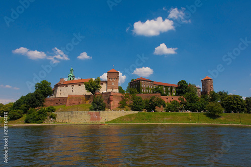 Wawel Castle Viewed from the Vistula river. The belltower of Wawel Cathedral can also be seen 