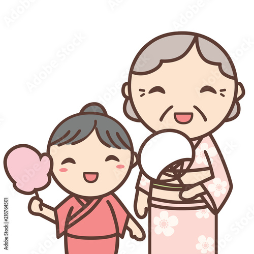 浴衣を着たおばあちゃんと女の子
