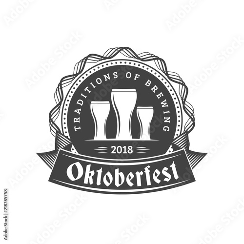 Oktoberfest celebration. Beer festival retro style badge, label, emblem. Black on white background. Vector illustration. Beer label template