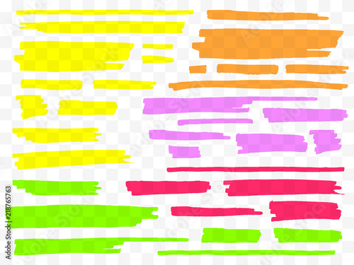 Colorful highlighters set. Yellow, green, purple, red and orange markers. Transparent hand drawn brush lines.