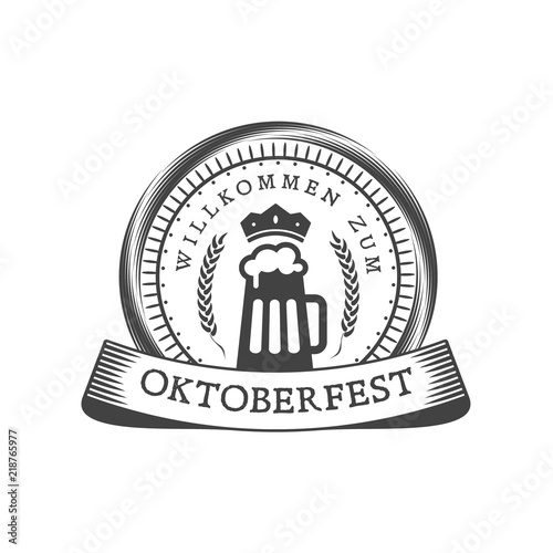 Oktoberfest celebration. Beer festival retro style badge, label, emblem. Black on white background. Vector illustration. Beer label template