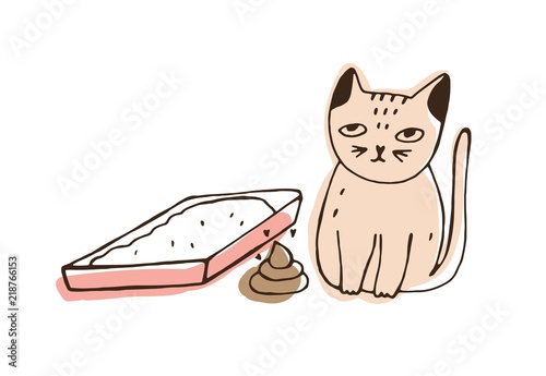 Cat sitting beside empty litter box and poop lying on floor. Naughty kitty defecating in wrong place at home isolated on white background. Disobedient domestic animal. Hand drawn vector illustration.
