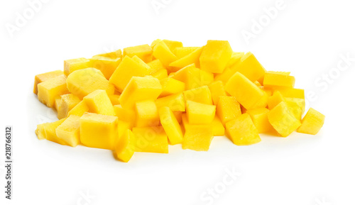 Pieces of fresh mango on white background