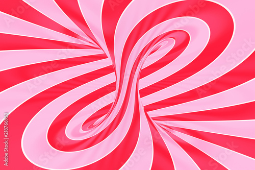 Christmas festive pink and red spiral tunnel. Striped twisted lollipop optical illusion. Abstract background. 3D render.