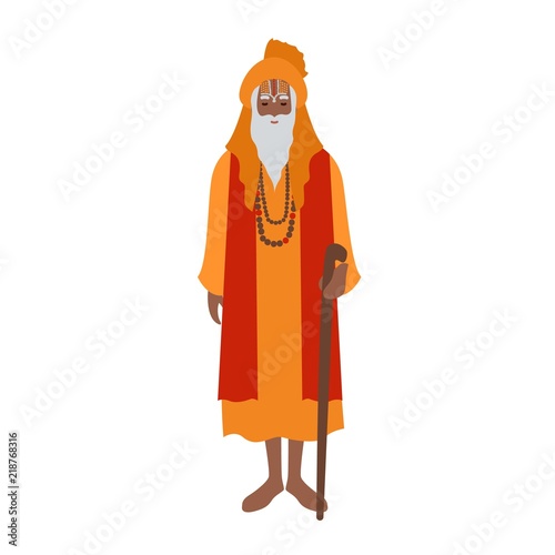 Indian guru wearing turban and traditional clothes, holding cane