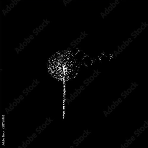 Black and white illustration of a dandelion in the wind. Flower of Paradise