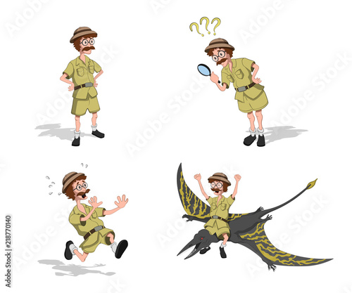 Set images of professor in cartoon style. Image of hunter in isometric view. Drawing of jungle researcher