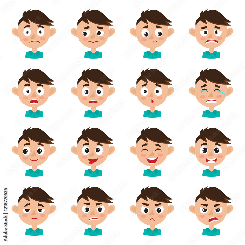 Cute boy face expression, cartoon vector set isolated on white Cute boy face expression, cartoon vector set isolated on white