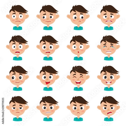 Cute boy face expression, cartoon vector set isolated on white