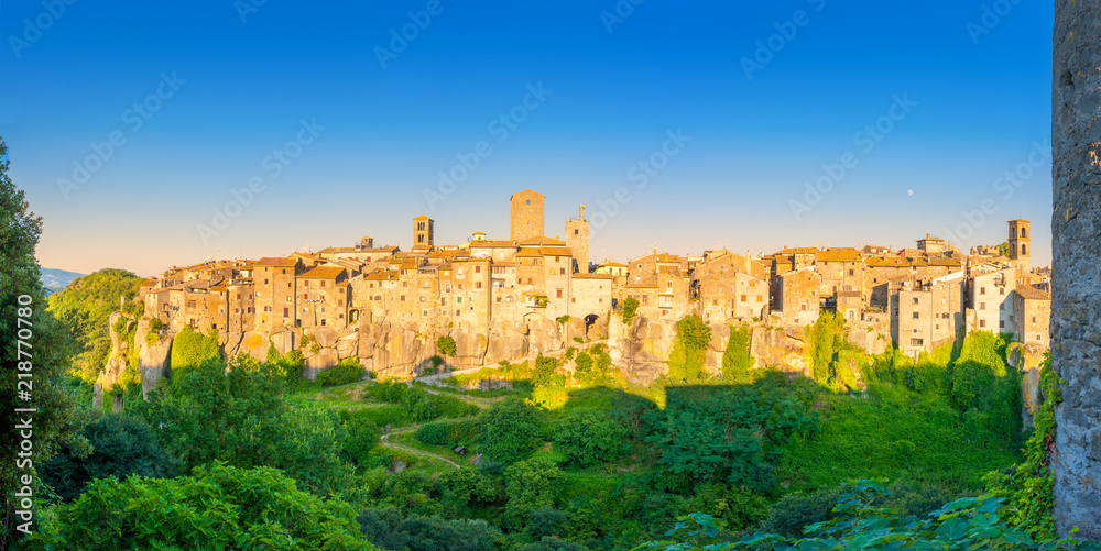 Panorama of the medieval town of Viturchiano located on the edge of the cliff, at sunset, Lazio. Italy. Europe
