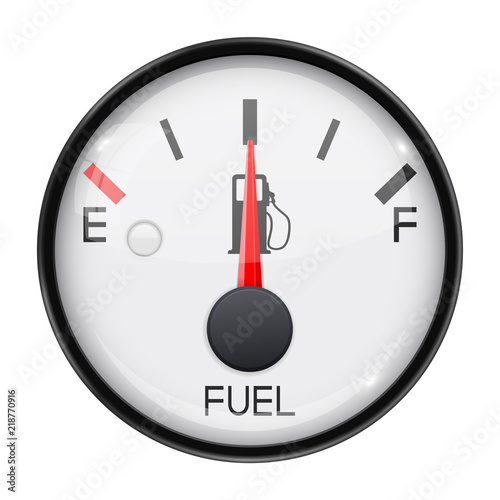 Fuel gauge. Half full tank. Round car dashboard 3d device