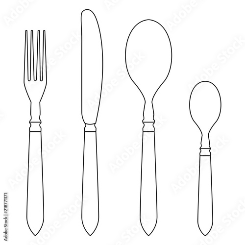 Cutlery set - fork, knife, table spoon, tea spoon. Outline drawing