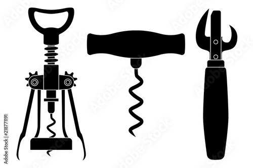 Corkscrews and can opener. Black drawing