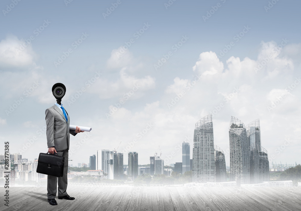 Concept of security and privacy protection with camera headed man Concept of security and privacy protection with camera headed man