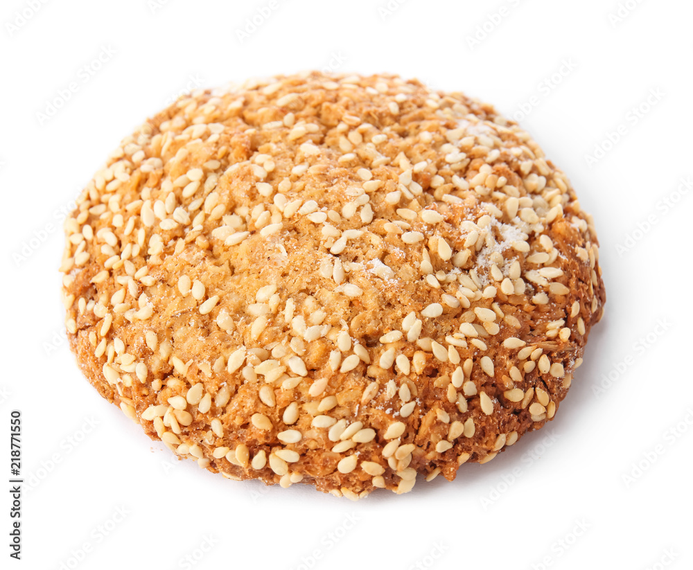 Tasty cookie with sesame seeds on white background Tasty cookie with sesame seeds on white background