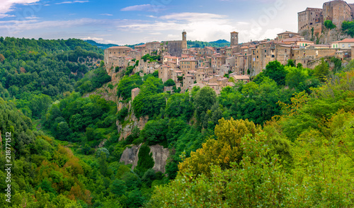 Panorama of the beautiful medieval village of Sorano located on the edge of the cliff, Tuscany. Italy. Europe