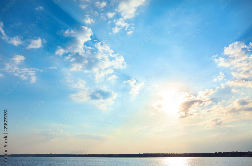 Fototapeta premium Beautiful view of blue sky with clouds and river