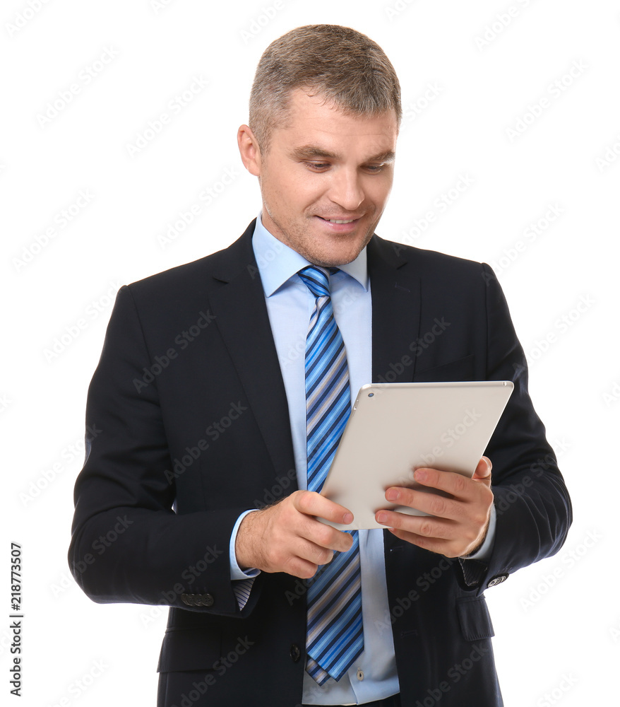 Handsome confident businessman with tablet computer on white background Handsome confident businessman with tablet computer on white background