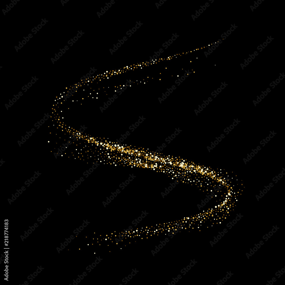 Golden glitter twist wave of sparkling glittery particles. Vector glare wave or gold light trail on premium luxury background with glittery mist effect