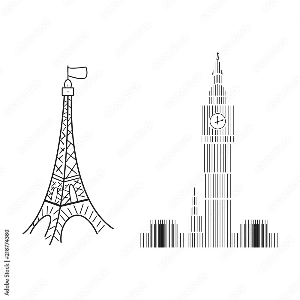 Big Ben logo and Eiffel Tower sign on white background hand drawing