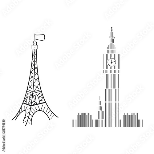 Big Ben logo and Eiffel Tower sign on white background hand drawing