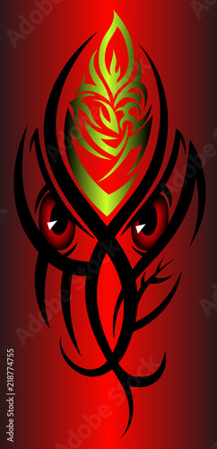 Tribal flower face with red eyes on red background