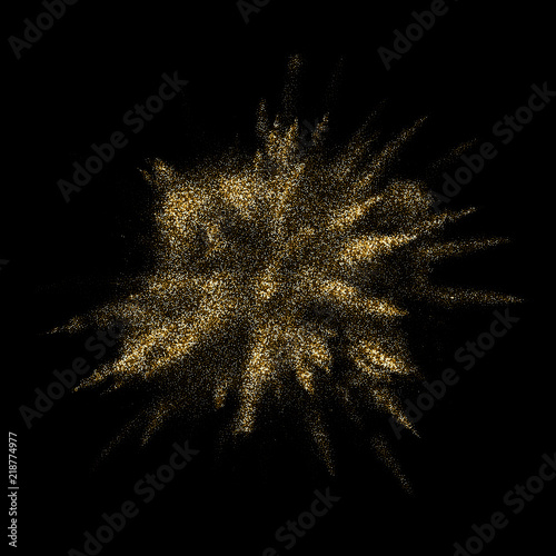 Golden glitter explosion with particles blast effect. Vector gold glare firework explode with premium shiny splatter on luxury black background