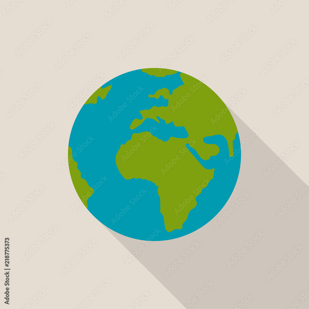Earth globe icon with long shadow on gray background, flat design style