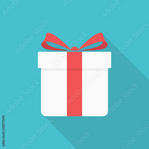 Gift box icon with long shadow on blue background, flat design style