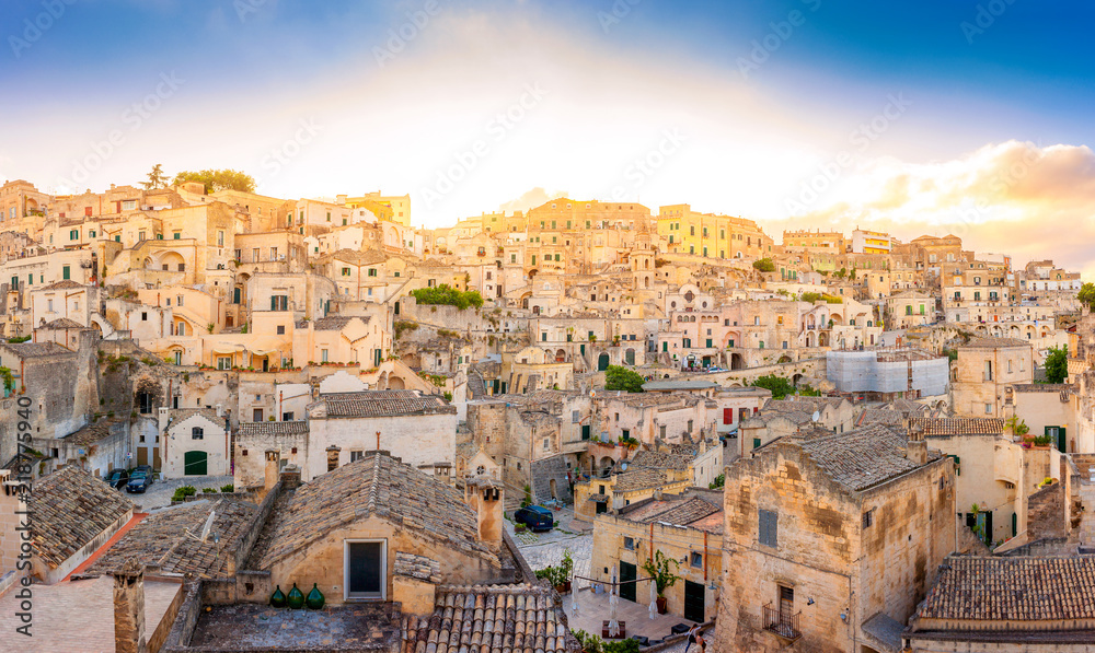 Beautiful sunset over the ancient city of Matera, Southern Italy. Europe