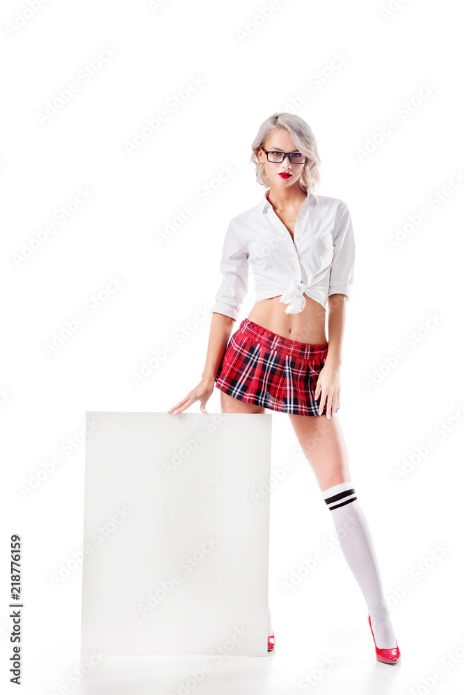 young sexy woman in college uniform standing near blank banner isolated on  white foto de Stock | Adobe Stock