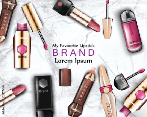 Lipstick cosmetics set Vector. Realistic detailed beauty products mock up. Pr...