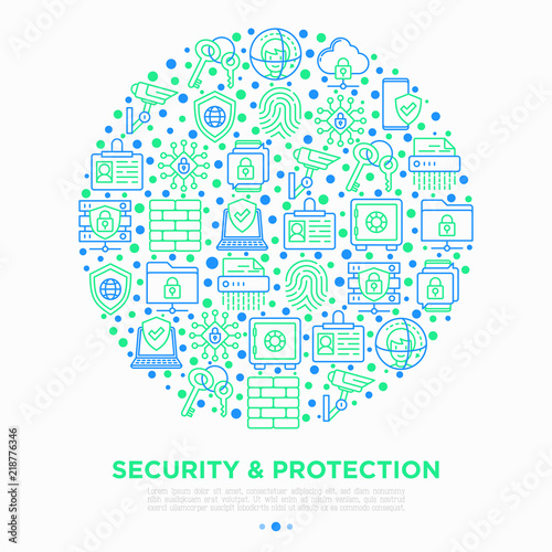 Security and protection concept in circle with thin line icons: mobile security, fingerprint, badge, firewall, face ID, secure folder, shredder, bank safe, encrypted messaging. Vector illustration.