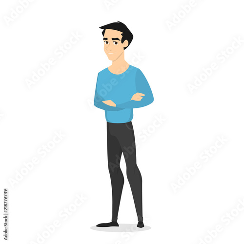 Young handsome male character standing with crossed hands