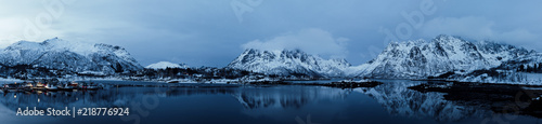 Landscape with beautiful winter lake and snowy mountains at Lofoten Islands in Northern Norway. Panoramic view © Roxana