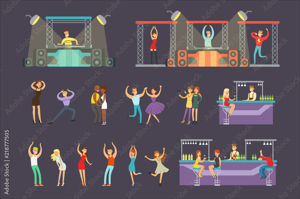 Young Smiling People Dancing In Night Club And Drinking In The Bar With DJ Playing Music Cartoon Vector Illustration - obrazy, fototapety, plakaty 