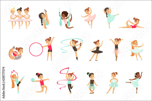 Little Girls Doing Gymnastics And Acrobatics Exercises In Class Set Of Future Sports Professionals