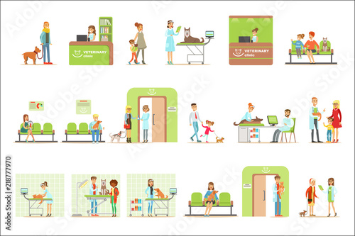 Smiling Cartoon Characters Bringing Their Pets For Vet Examination In Veterinary Clinic Collection Of Illustrations