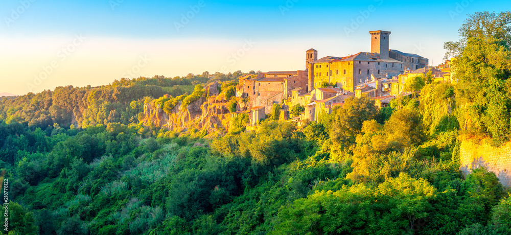 Panorama of a medieval village at sunset in Tuscany, Italy. Europe