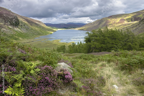 Scottish landscape. Loch Lee in Angus, Aberdeenshire, Scotland. Cairngorms, south of the Grampian Mountains. 