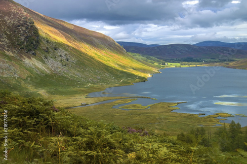 Scottish landscape. Loch Lee in Angus, Aberdeenshire, Scotland. Cairngorms, south of the Grampian Mountains. 