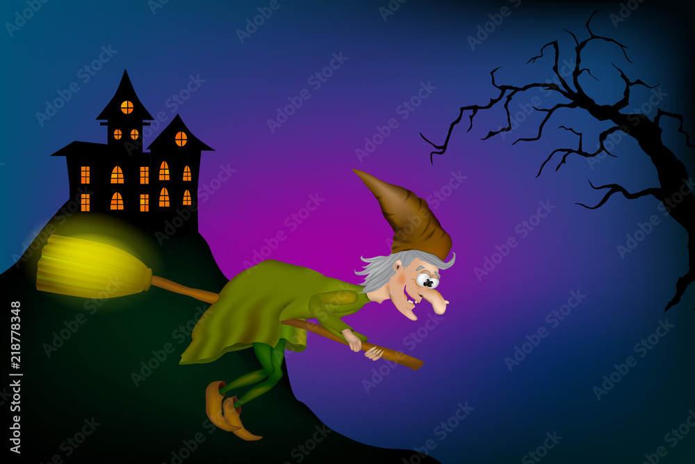 Fototapeta premium Vector illustration of halloween witch flying on broom. Cartoon Funny Witch 