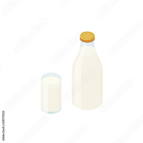 Isometric milk bottle and glass of milk shiny vector icons