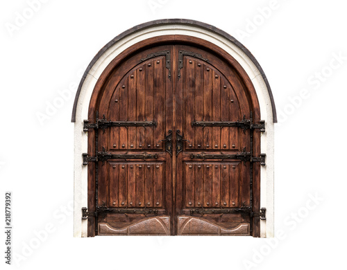 Fototapeta Wooden antique gate isolated on a white background.
